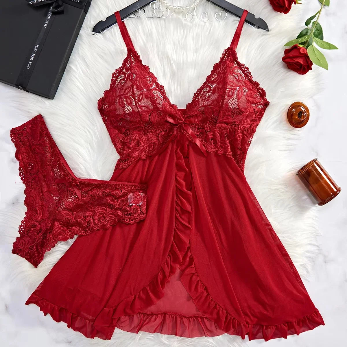 Sexy Lingerie Set Women Erotic Bra Nightdress Sexy Lace Sleepwear Solid Slim Soft Dresses V Neck Full Slip Sleepwear & Dresses