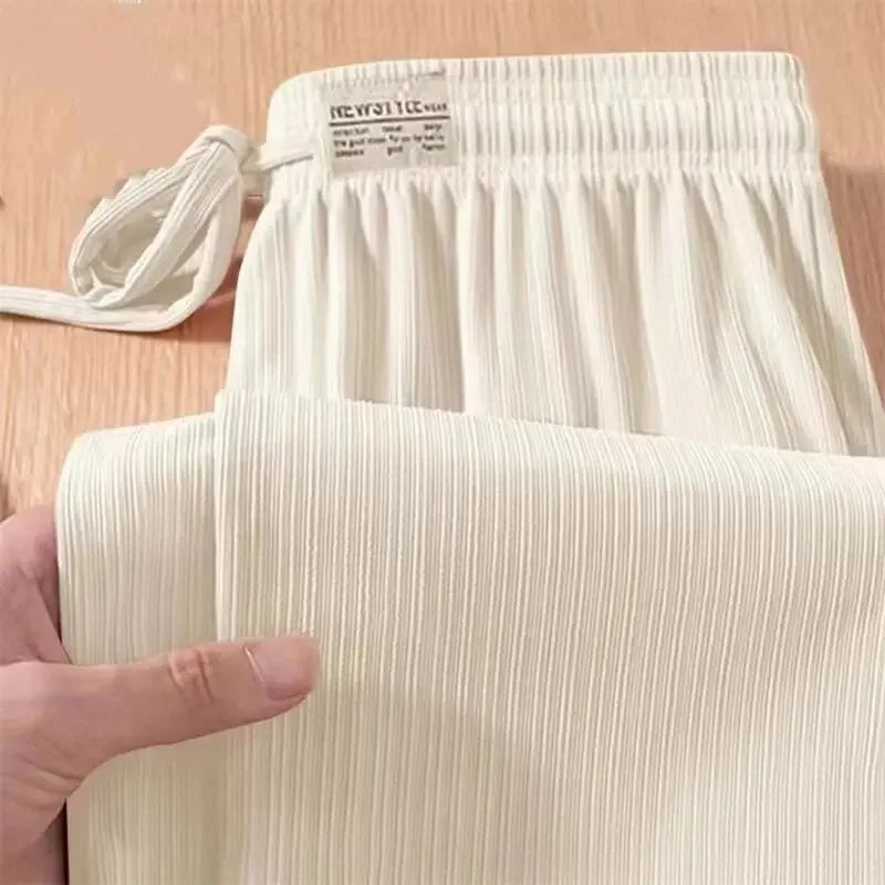 Women's Summer Loose Straight Leg Ice Silk Wide Leg Pants Thin Breathable Slimming Long Trousers Casual Loose Fit plus Size