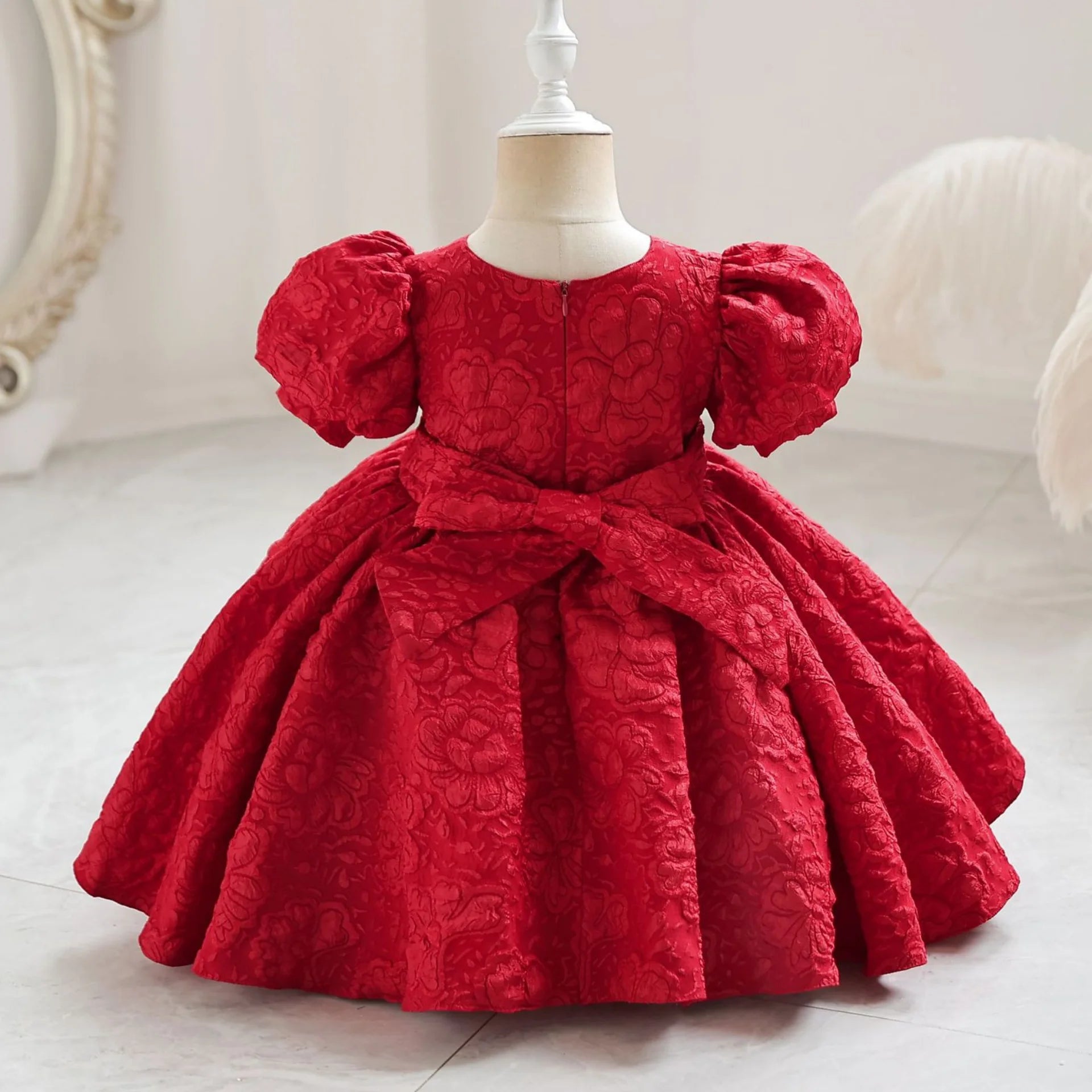 New Bubble Sleeve Girl's First Year Dress Wedding Flower Girl's Birthday Dress Bowknot Sweet Lovely Puffy Dress
