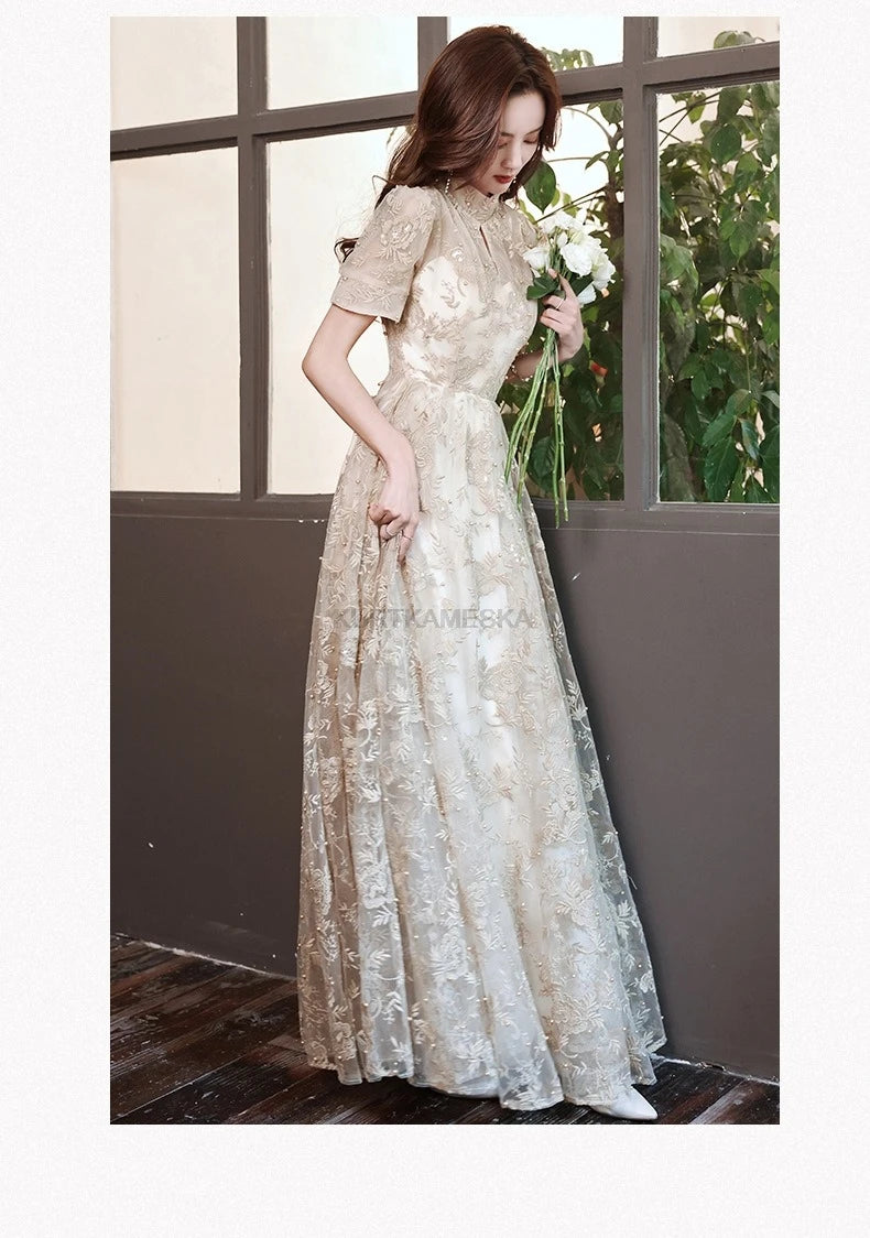 Elegant High Collar Evening Prom Bridesmaid Banquet Party Ball Dress Gown Short Sleeve Flower Embroidery Appliques Formal Dress
