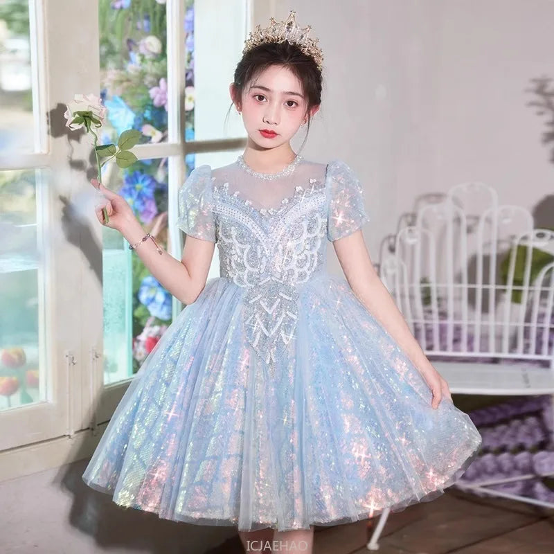Party Dress Blue Girls Puffy Princess Dresses New Kids Gown Birthday Host Piano Recital Outfit Pageant Performance Formal Wear