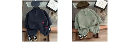 2024 Winter New Baby Boys Fleece Sweatshirt + Sweat Pants 2pcs Suit Infant Plus Velvet Thick Clothes Set Toddler Warm Outfits