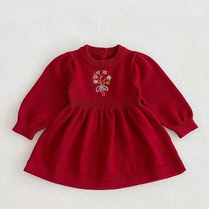 2024 New Autumn Kids Princess Dresses Long Sleeved Knitted Splicing Baby Girl Knitting Party Dress Children Knitting Clothes