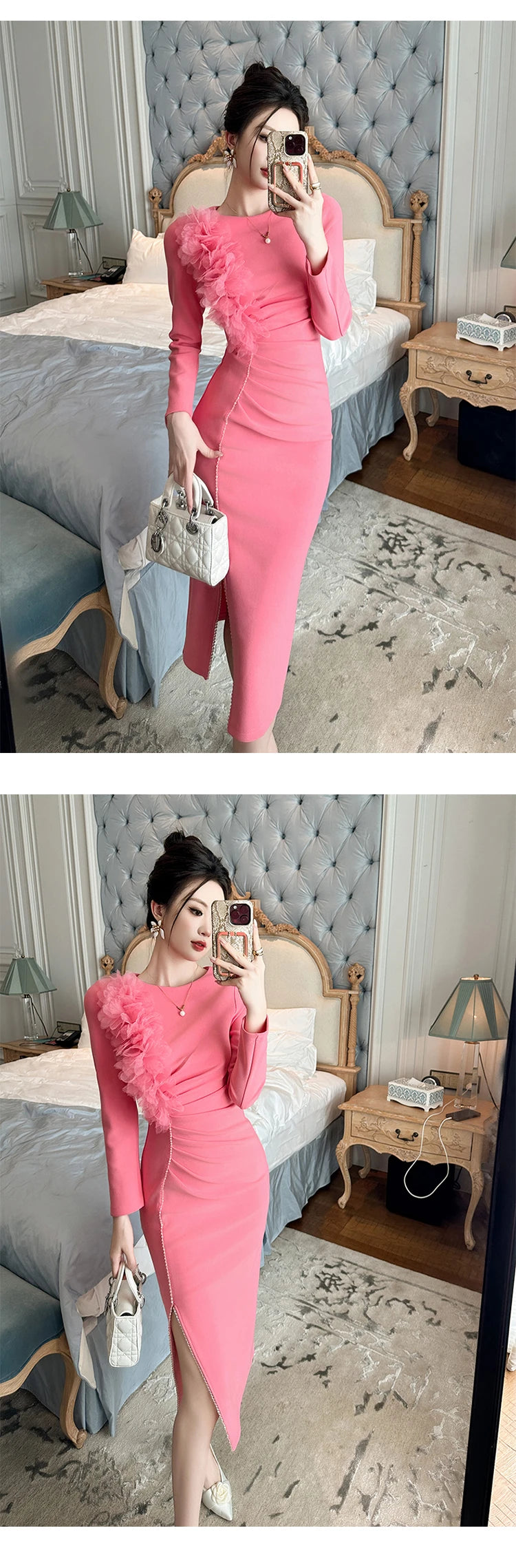 Banquet Evening Dress Women Elegant Style Flower Beading Folds Slit Robe Female Party Prom Vestidos Catwalk Gown