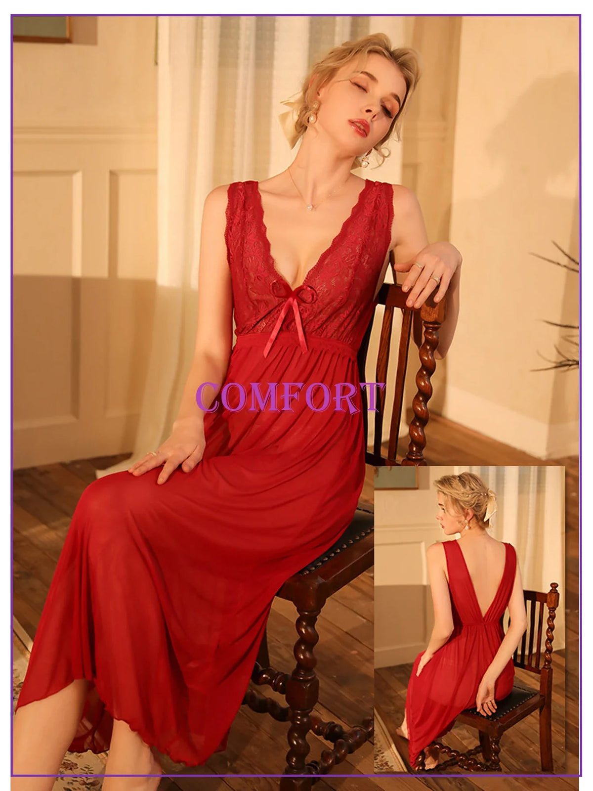 Sexy Women Lingerie Dress Set Lace Splicing Mesh Long Deep V Backless Nightgown Set Homewear All Season