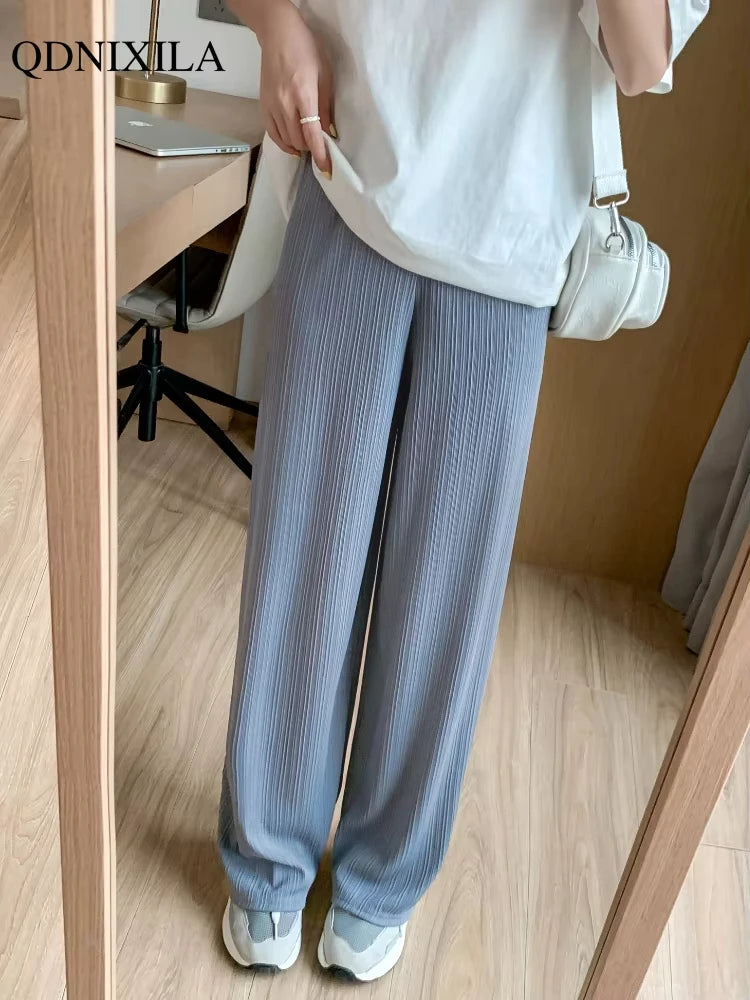 Spring Summer Ice Silk Wide Leg Pants for Women Korean Thin Chiffon High Waist Saggy Loose Straight Casual Fashion Trousers
