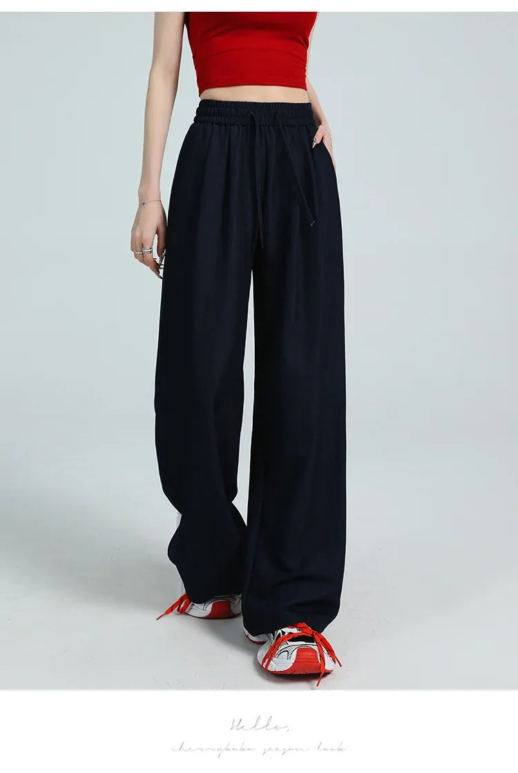 White Ice Silk Wide Leg Pants Women's Summer Thin High Waist Slimming Casual Versatile Elastic Waist Draped Straight Leg Trouser