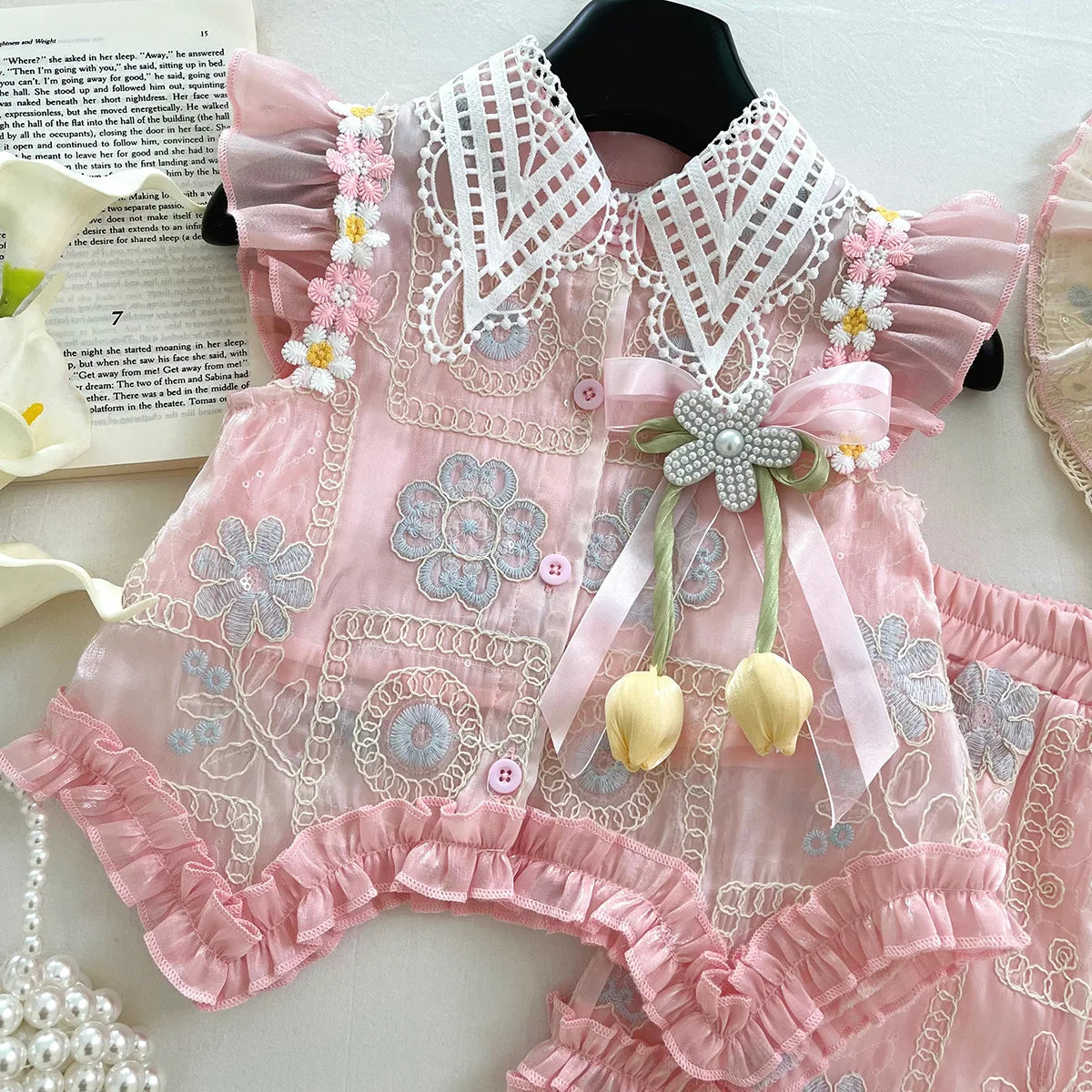 Baby Girls Summer Clothes Sweet Lace Embroidery Flowers 3pcs Sets Tops Shirts+shorts+hat,Kids Children Princess Clothes