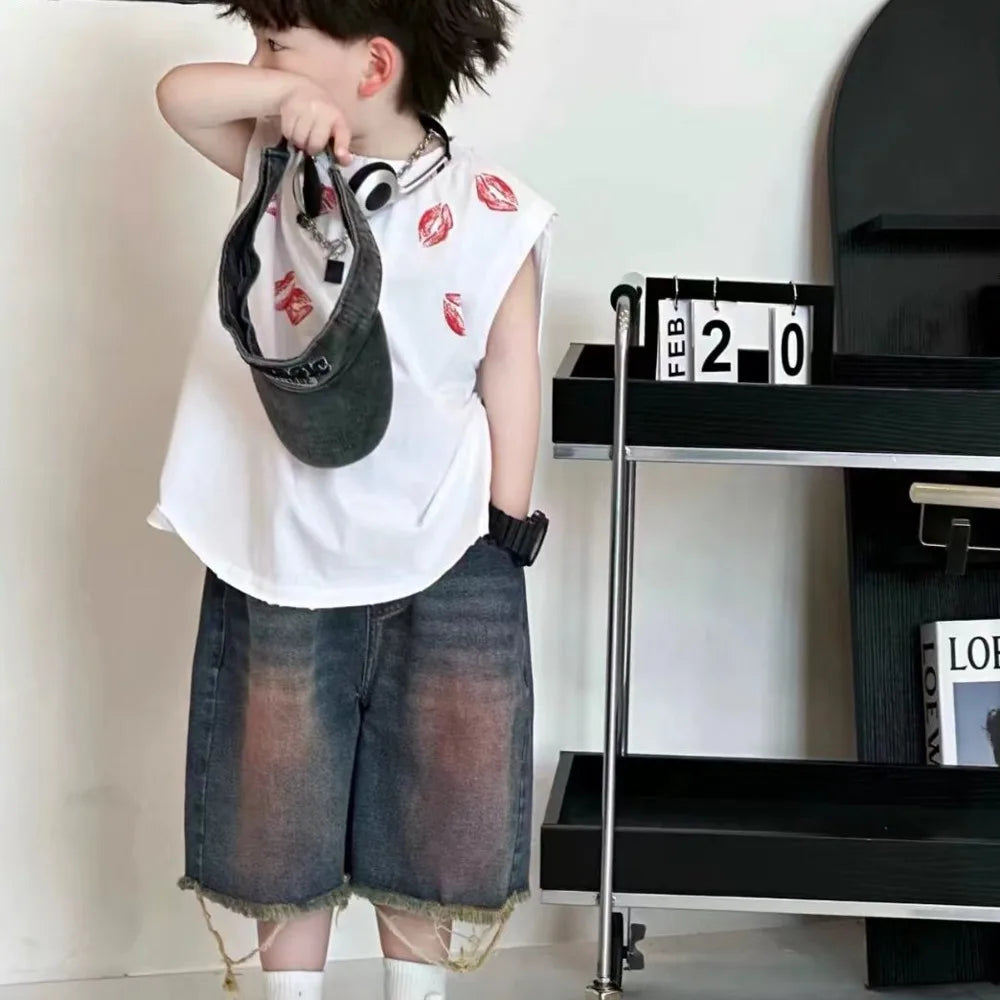 New Korean Fashion Set Design Sense Street Printed Vest Shirt Broken Edge Short Jeans Two-piece Suits