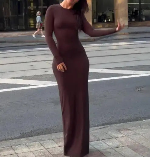 Womens Dresses  Spring Autumn New Fashion Sexy Skinny Hip Hugging Comfortable Solid Color Casual Round Neck Long Dress