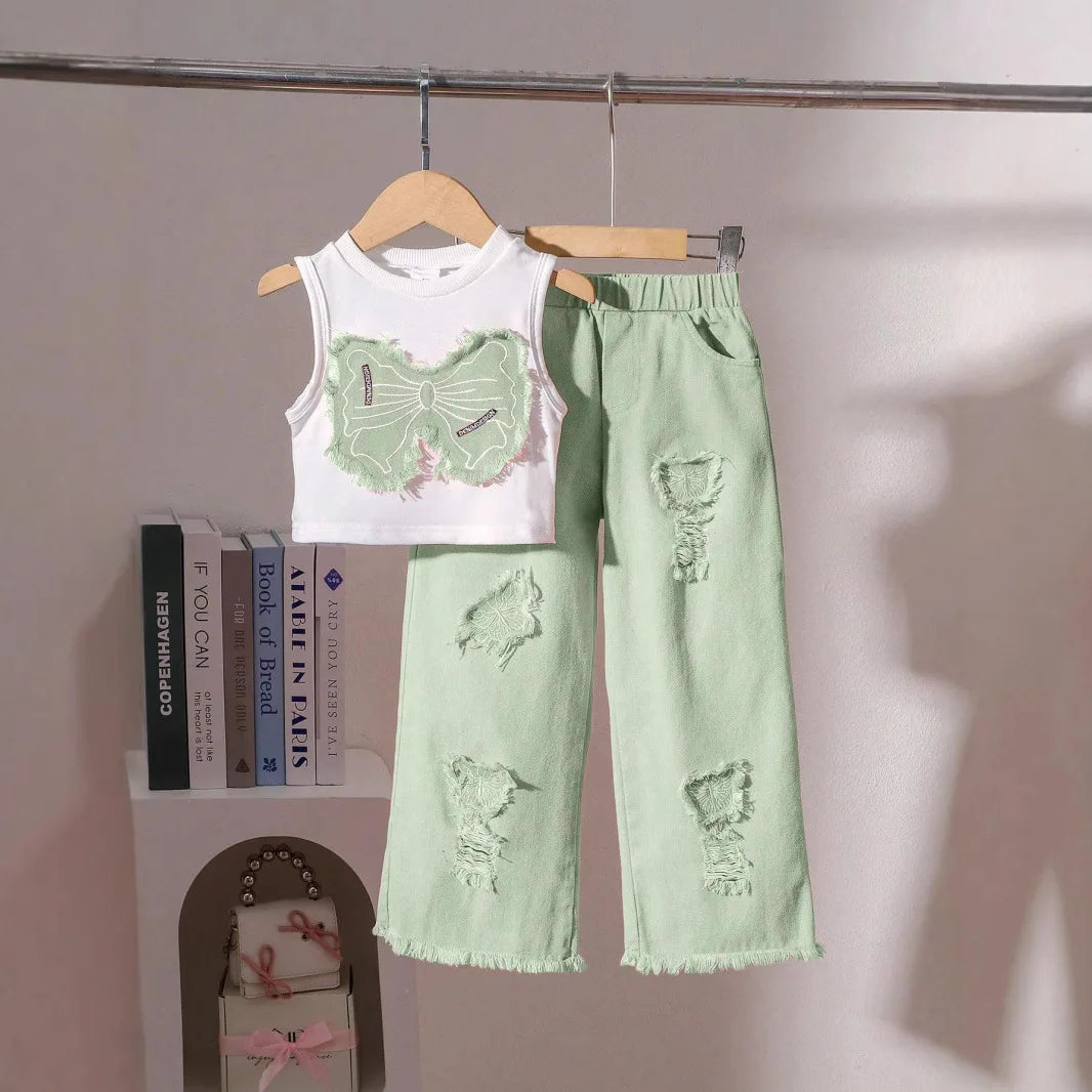 Unique Kid Set Summer Girl Sleeveless Applique Bow Camisole Top Ripped Denim Pants Two-Piece Children Suit Casual Comfortable