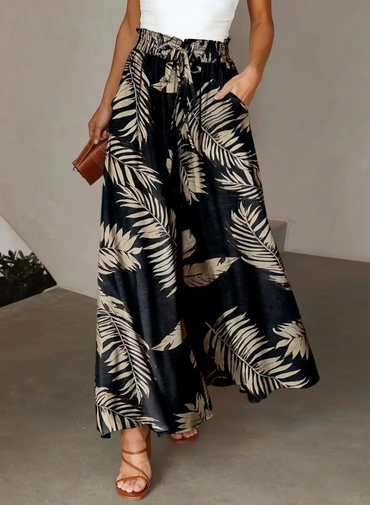 Pant Women Wide Leg Long Pants Print Floral Elastic Waist Straight Trousers  Streetwear Elegant Maxi Capris Loose Summer