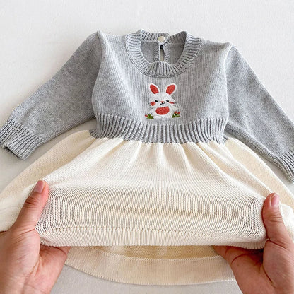2024 New Autumn Kids Princess Dresses Long Sleeved Knitted Splicing Baby Girl Knitting Party Dress Children Knitting Clothes