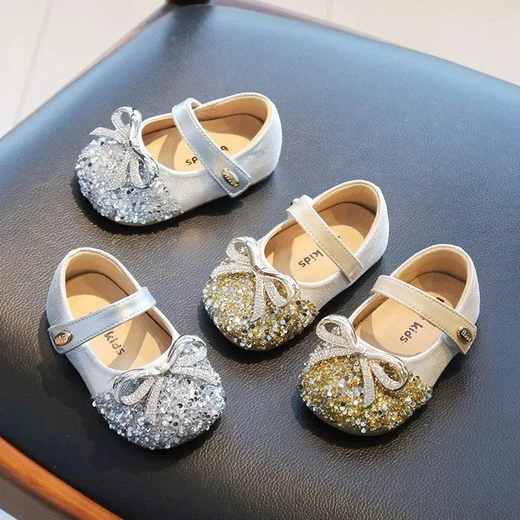 Bling Sequine Flats Shoes For Kids Princess Gold Silver Bowtie Dress Shoes For Toddler Girls Spring Autumn Causal Baby Walkers