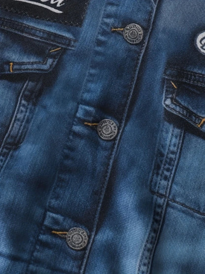 Toddler Boy's Spring and Autumn Outfit: Denim Printed Hoodie + Black Cuffed Pants, Trendy Fake Two-Piece Set for Boys