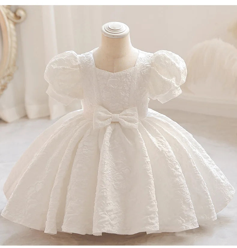 New Bubble Sleeve Girl's First Year Dress Wedding Flower Girl's Birthday Dress Bowknot Sweet Lovely Puffy Dress