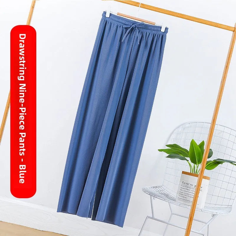 Ice Silk Wide Leg Pants Women's Summer  New High Waist Drape Loose Slimming Straight Bla Floor-Length Casual Trousers