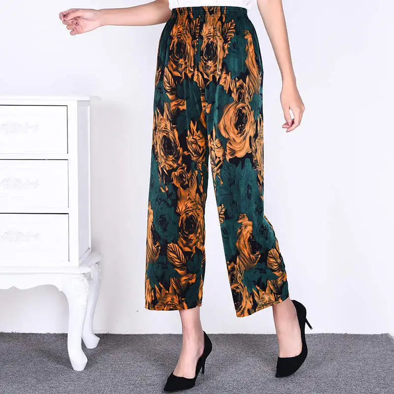 Summer Ladies Ice Silk Loose Casual Home Pants Elastic plus Size Mom Square Sports High Waist Straight Leg Length Nine Points
