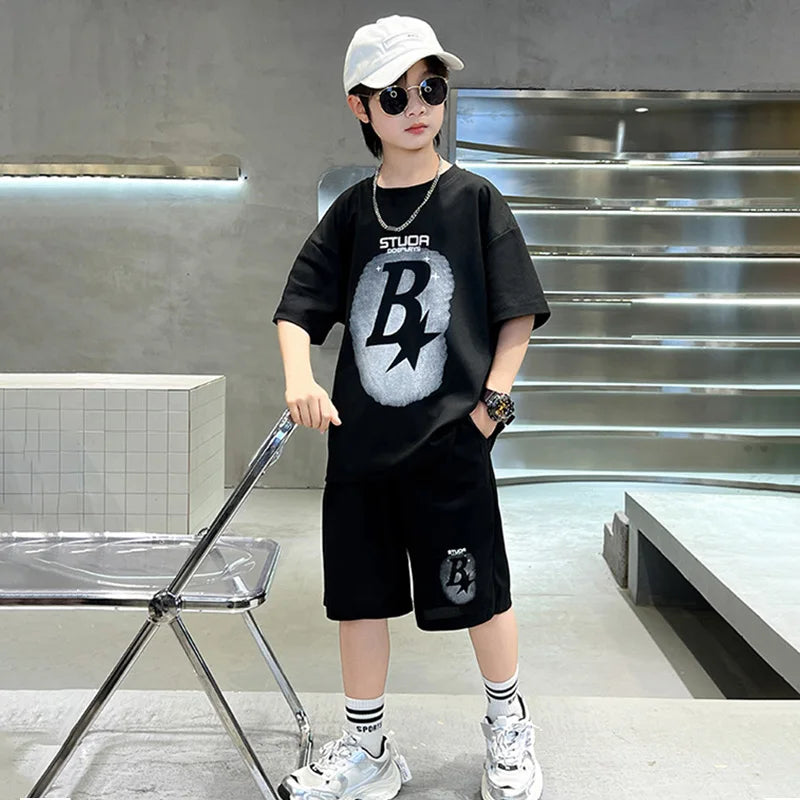 New Summer Teenager Boys Clothing Set Cotton Letter Short Sleeve T-shirt Shorts  Years Kids Tracksuits Child Cloth