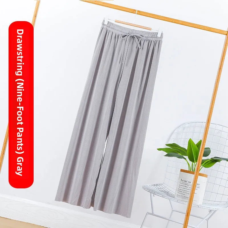 Ice Silk Wide Leg Pants Women's Summer  New High Waist Drape Loose Slimming Straight Bla Floor-Length Casual Trousers