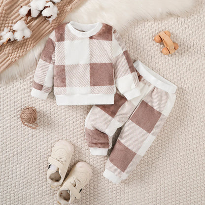 Baby Boys and Girls Winter Plush Clothing Set Long Sleeved Plaid Top+Pants 2PCS Warm Clothes Outfits for 3-24 Months Toddler Boy