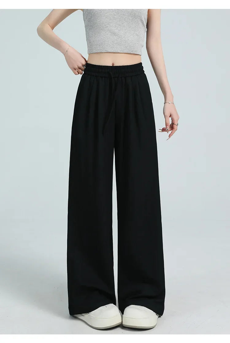 White Ice Silk Wide Leg Pants Women's Summer Thin High Waist Slimming Casual Versatile Elastic Waist Draped Straight Leg Trouser