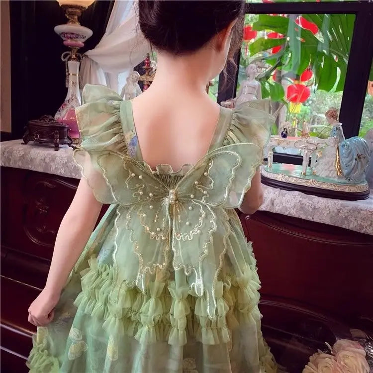 Baby Girls' Summer and Spring New Dress Butterfly Mesh Princess Fashion and Beautiful Kids Outwear Evening Dress