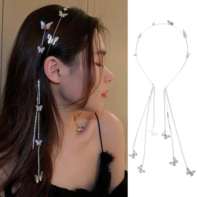 Shinning Silver Color for Rhinestone Thin Side Headband Long Sparkly Tassel Hair Hoop Fashion Women Hairstyle Headwear