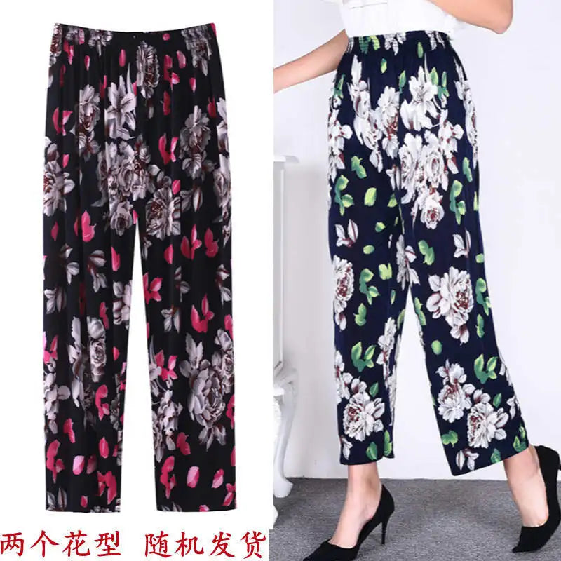 Summer Ladies Ice Silk Loose Casual Home Pants Elastic plus Size Mom Square Sports High Waist Straight Leg Length Nine Points