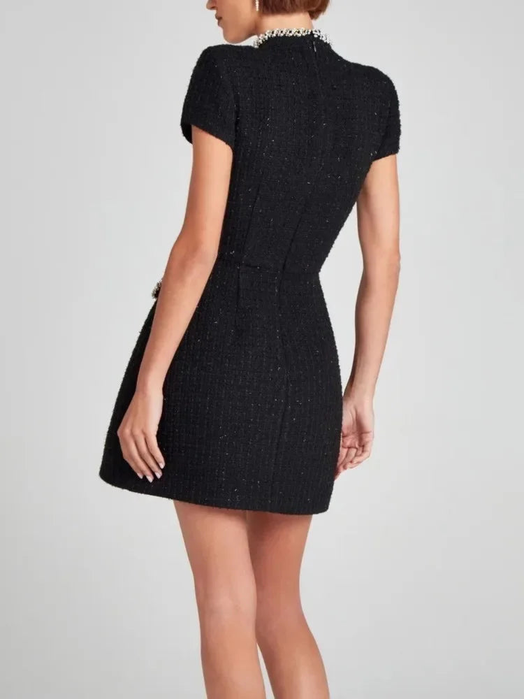 Elegant Female Patchwork Party Dress  Sexy Women Evening Dress Autumn Lady Suit Collar Short Sleeve Slim Dress