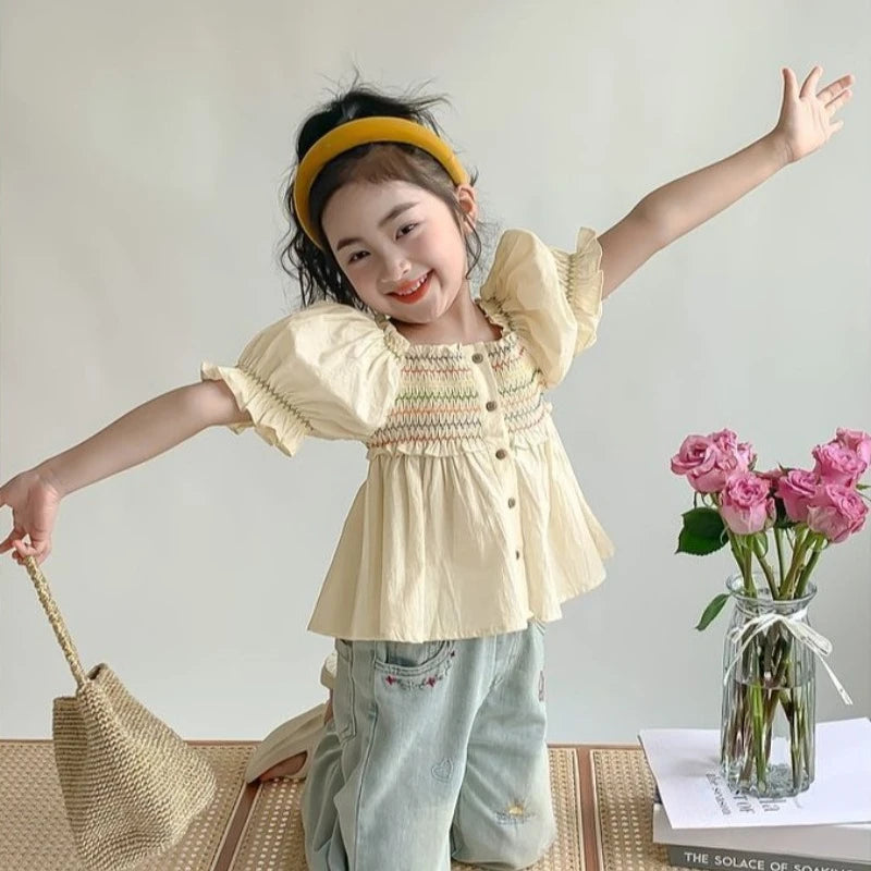 Spring Summer Kids Fashion Color Stripe Puff Sleeve Cotton Blouse Elegant Casual Top for Girl