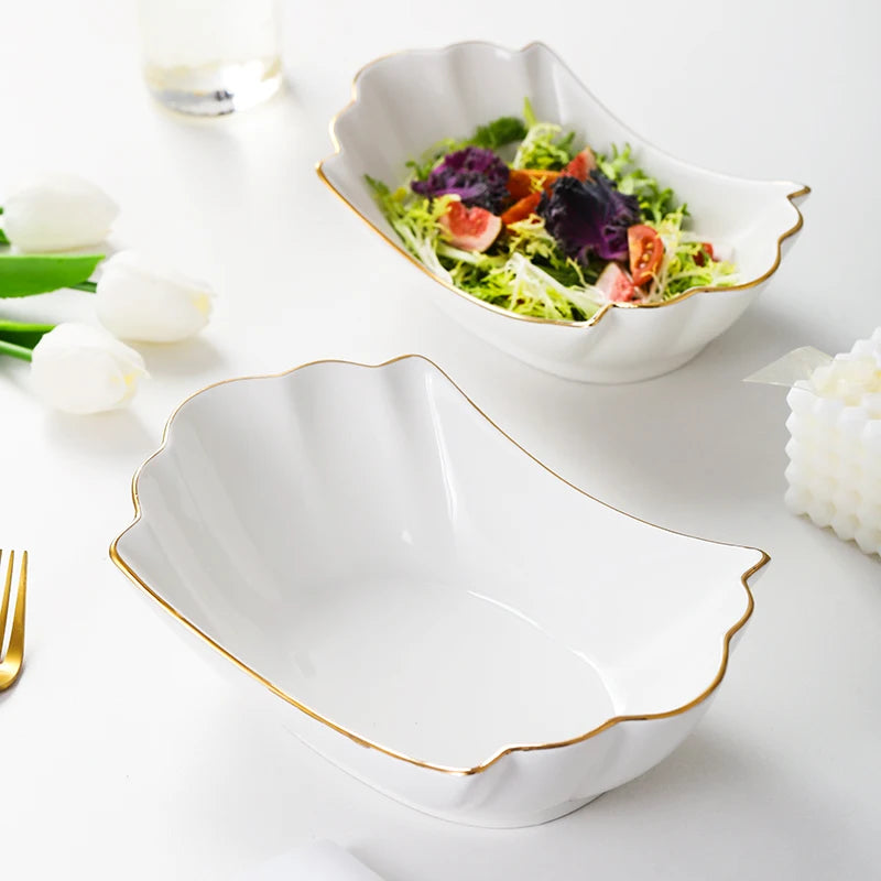 European tracing gold Ceramic Household Soup Bowl shaped Pasta Bowls Fruit Salad Bowl Cold Dish Bowls Hotel restaurant cutlery