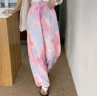 Thai Print Heart Wide Leg Pants Women Summer Thin Loose plus Size High Waist Slimming Long Trousers Casual Fashion plus Size