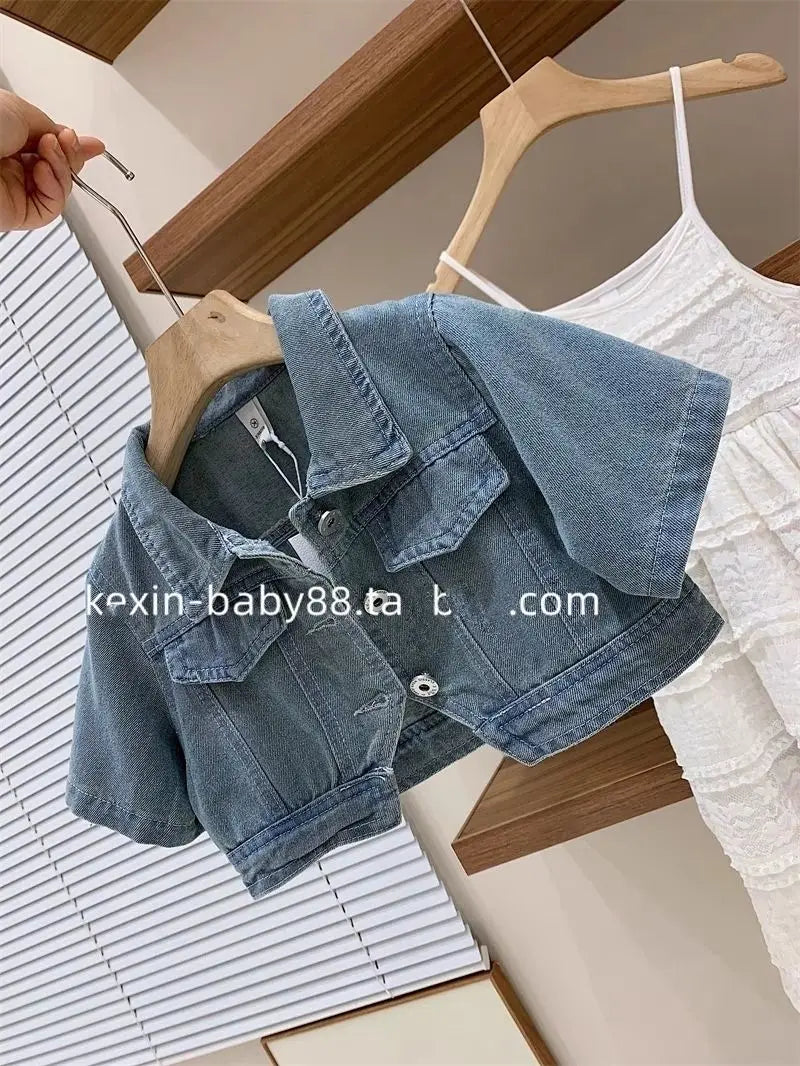 Girls Summer Set New Teenage Girls Bubble Sleeves Short denim cardigan jacket lace suspender skirt set Children's clothing set