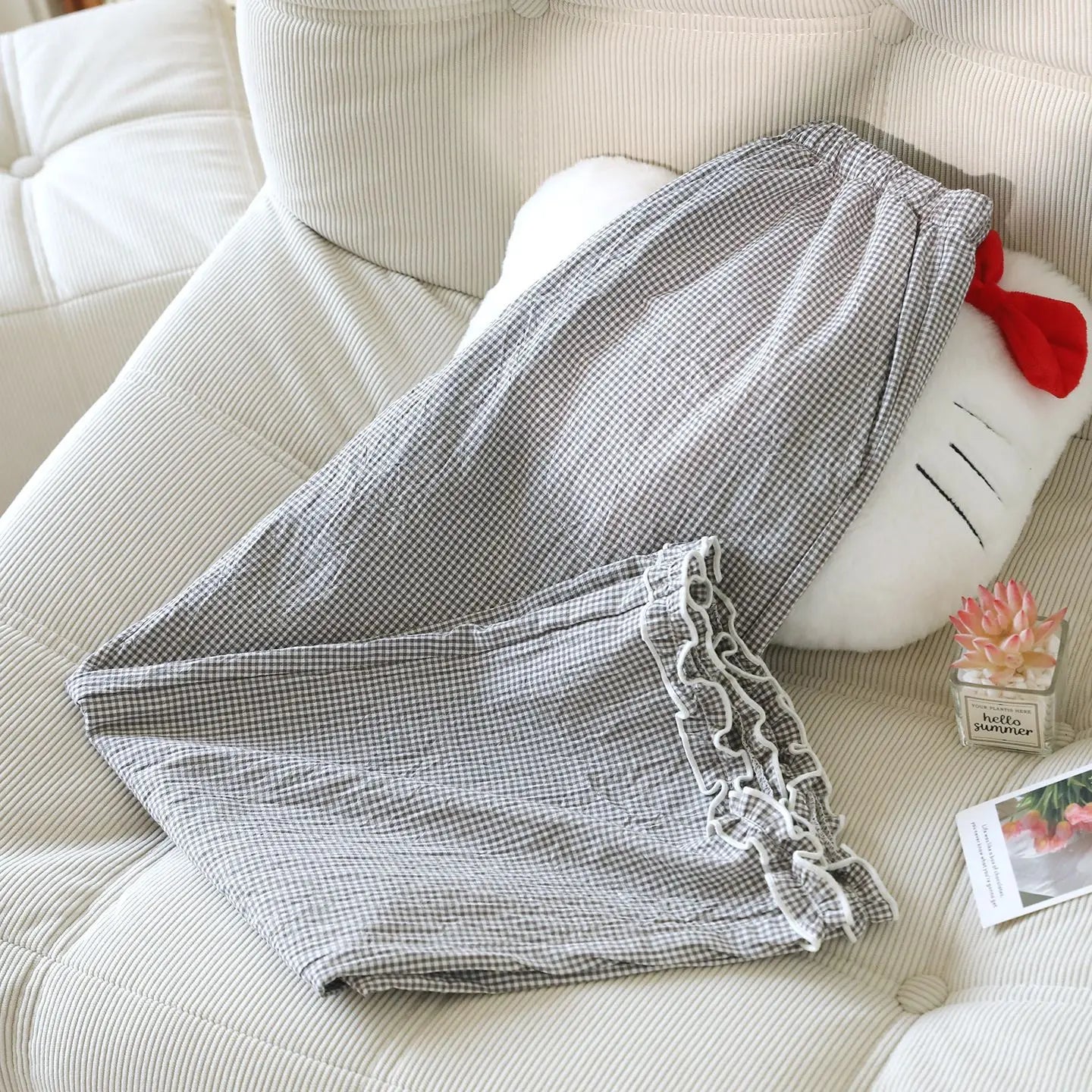 Spring and Summer Thin Loose Size Plaid Design Women's Pajama Pants Elastic Waist Casual Homewear Women Nine-point Trousers