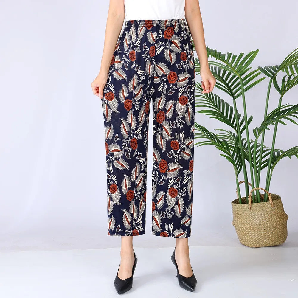 Summer Ladies Ice Silk Loose Casual Home Pants Elastic plus Size Mom Square Sports High Waist Straight Leg Length Nine Points