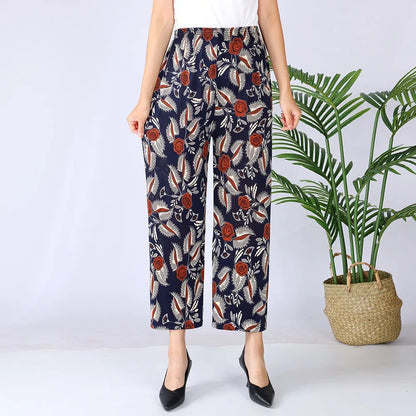 Summer Ladies Ice Silk Loose Casual Home Pants Elastic plus Size Mom Square Sports High Waist Straight Leg Length Nine Points