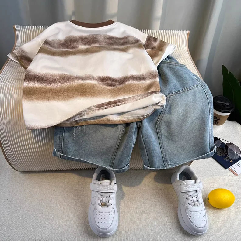 Hot Sale Fashion Baby Boy Suit Summer Clothes Short Sleeve T-shirt Short Jeans 2 Piece Set Kids Outfit  Children's Costume