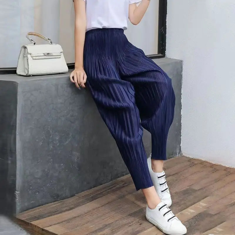woman Women's Pants Miyake pleated casual small leg slimming look nine point harem pant summer thin versatile light tight Capris