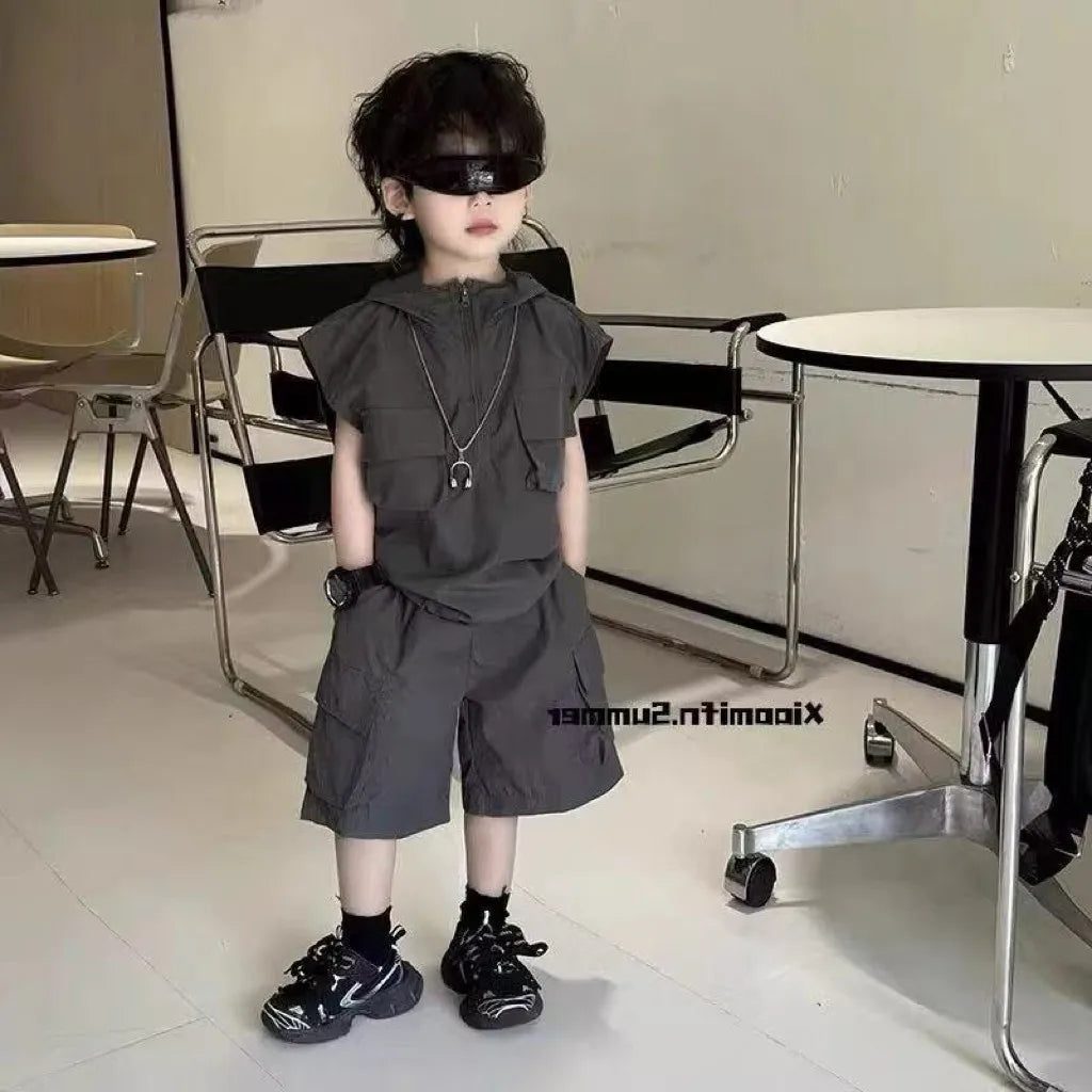 Boys Summer Two-Piece Set Cool Handsome Short-Sleeved Top And Shorts Children's Outfit