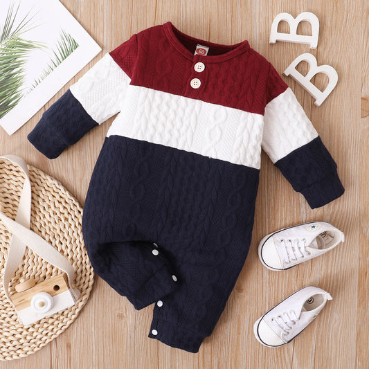 0-2-year-old newborn boys in autumn and winter long-sleeved round-neck color stitched buttons long-legged climbing clothes