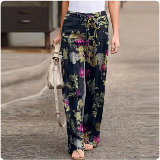 Women's Vintage Casual Printed Art Pants Pocket Strap Straight Leg Loose Comfortable Pants