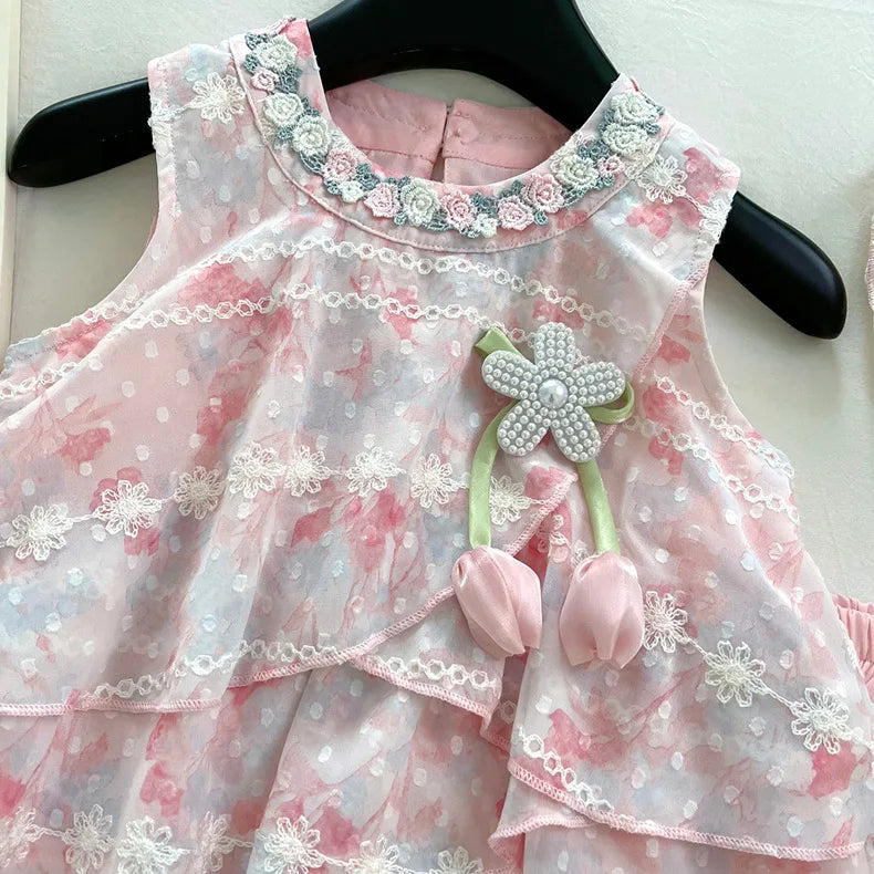 Baby Girls Summer Clothes Sweet Lace Embroidery Flowers 3pcs Sets Tops Shirts+shorts+hat,Kids Children Princess Clothes