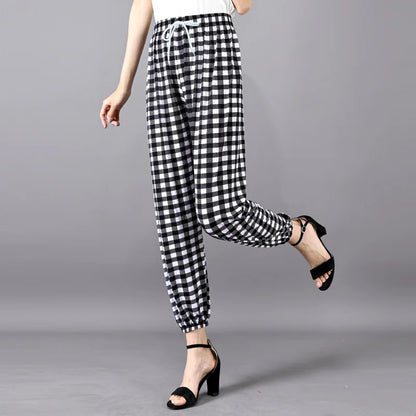 Summer Ladies Ice Silk Loose Casual Home Pants Elastic plus Size Mom Square Sports High Waist Straight Leg Length Nine Points