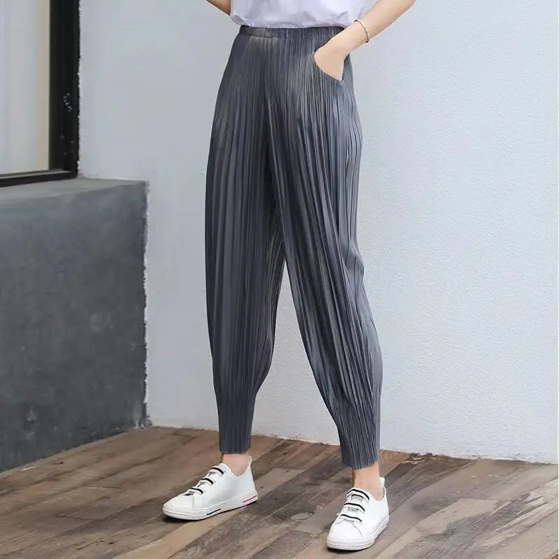 Women's Pants Miyake pleated casual small leg slimming look nine point harem pant summer thin versatile light tight Capris