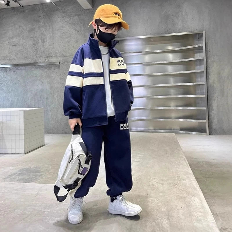 Fashion Boys Clothing Set Spring Autumn Patchwork Zipper Coat Pants 2Pcs For 4-12 Years Kids Tracksuits Teenager Casual Outfits (Available)