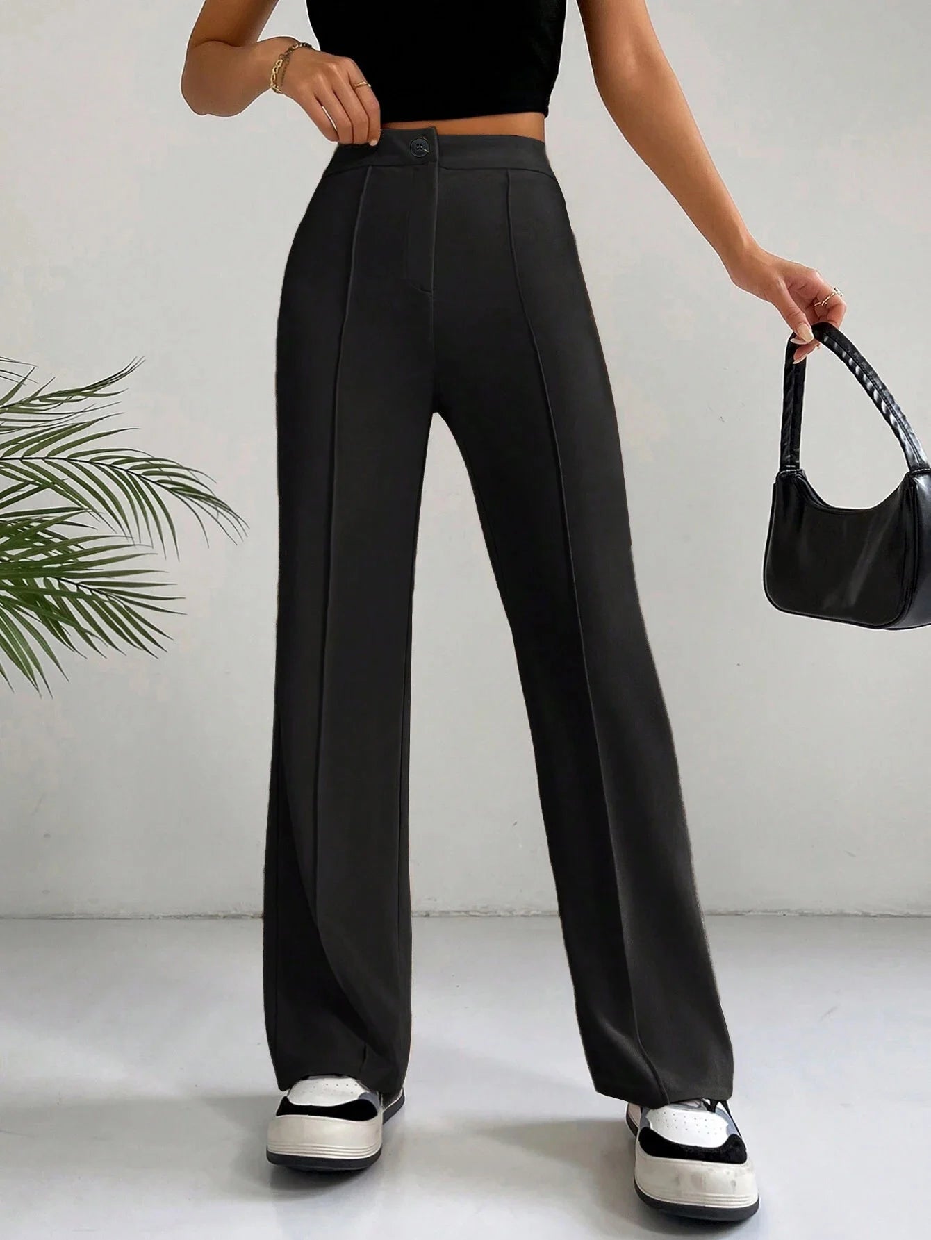 Women's Plain High Waist Straight Leg Pants, Chic Casual Comfy Zipper Button Trousers for Daily Wear, Pants for Women