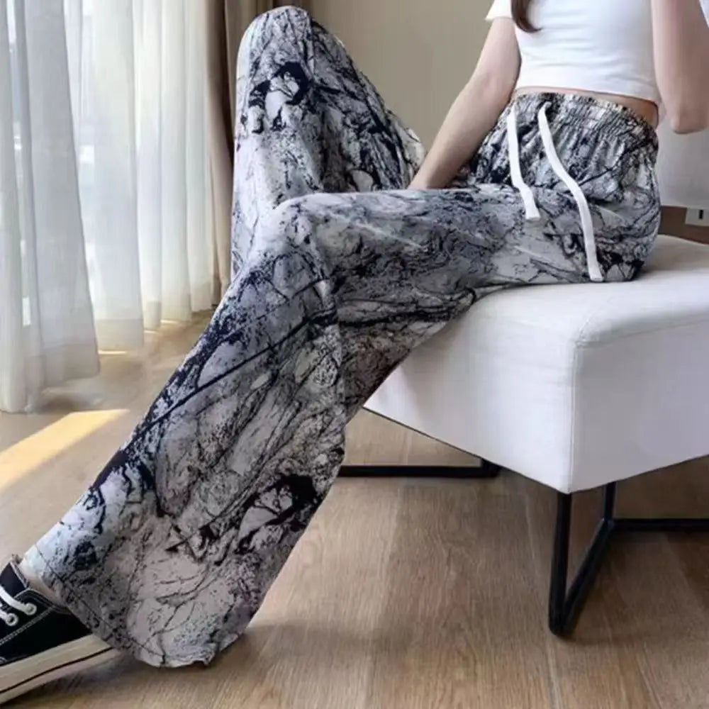 High Waist Floral Pants Straight Leg Home Leisure Women's plus Size High Elasticity Air Conditioning Pants Casual Trousers
