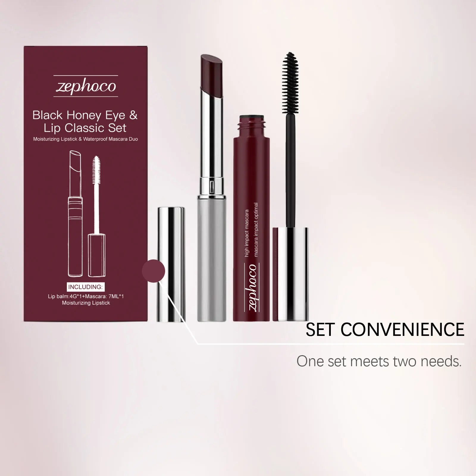 Black Honey Iconic Eye & Lip Makeup Set - Black Volumizing Mascara + Hydrating Shine Lipstick, Lash Curling Cosmetic Tools