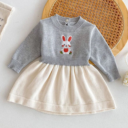 2024 New Autumn Kids Princess Dresses Long Sleeved Knitted Splicing Baby Girl Knitting Party Dress Children Knitting Clothes